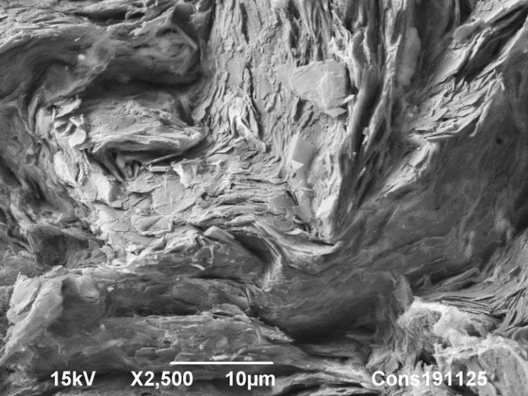 Backscattered Electron SEM image of graphite in a fractured pencil, showing higher order alignment of graphene sheets. A tilted sputtercoating with platinum was applied to obtain a shadow contrast. 10 µm. Photo by Jaap Nijsse, Consistence Microstructure Research Laboratory.