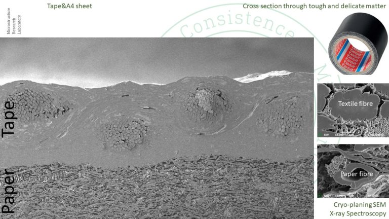 Cryoplaning SEM images of cross section through Tesa textile tape and paper sheet by Consistence Microstructure Research Laboratory.