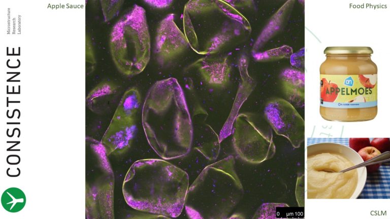 Confocal Microscopy analysis of apple sauce, with acridine orange fluorescent dye. Photo by Paul Nijsse, www.Consistence.nl