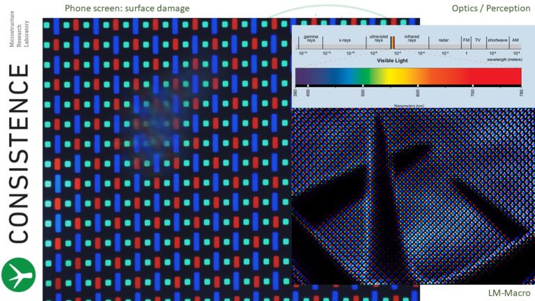 Visualisation of pixels, incl red, green, and blue leds. Distorted area is due to fault in superficial layers. www.Consistence.nl