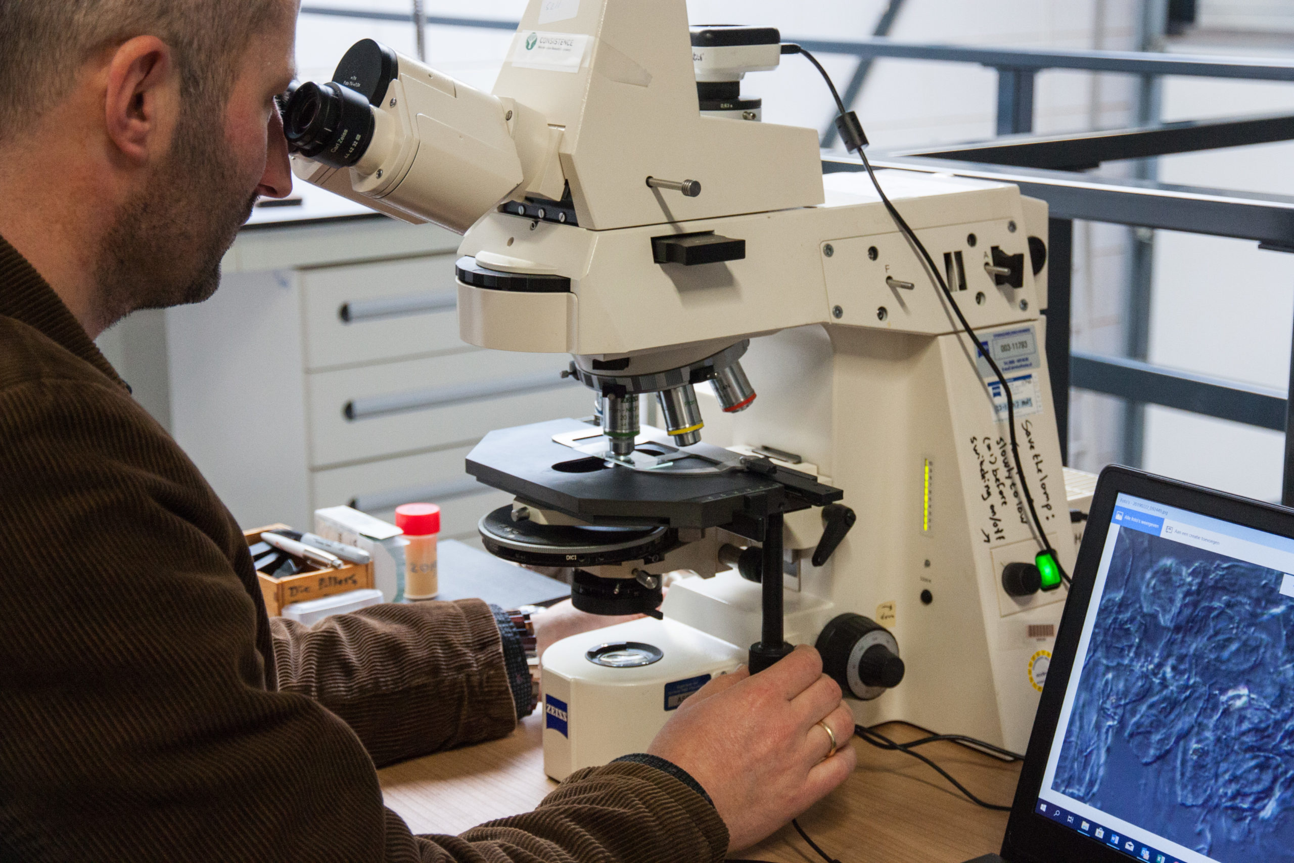 Microscopy at Consistence Microstructure Research Laboratory.